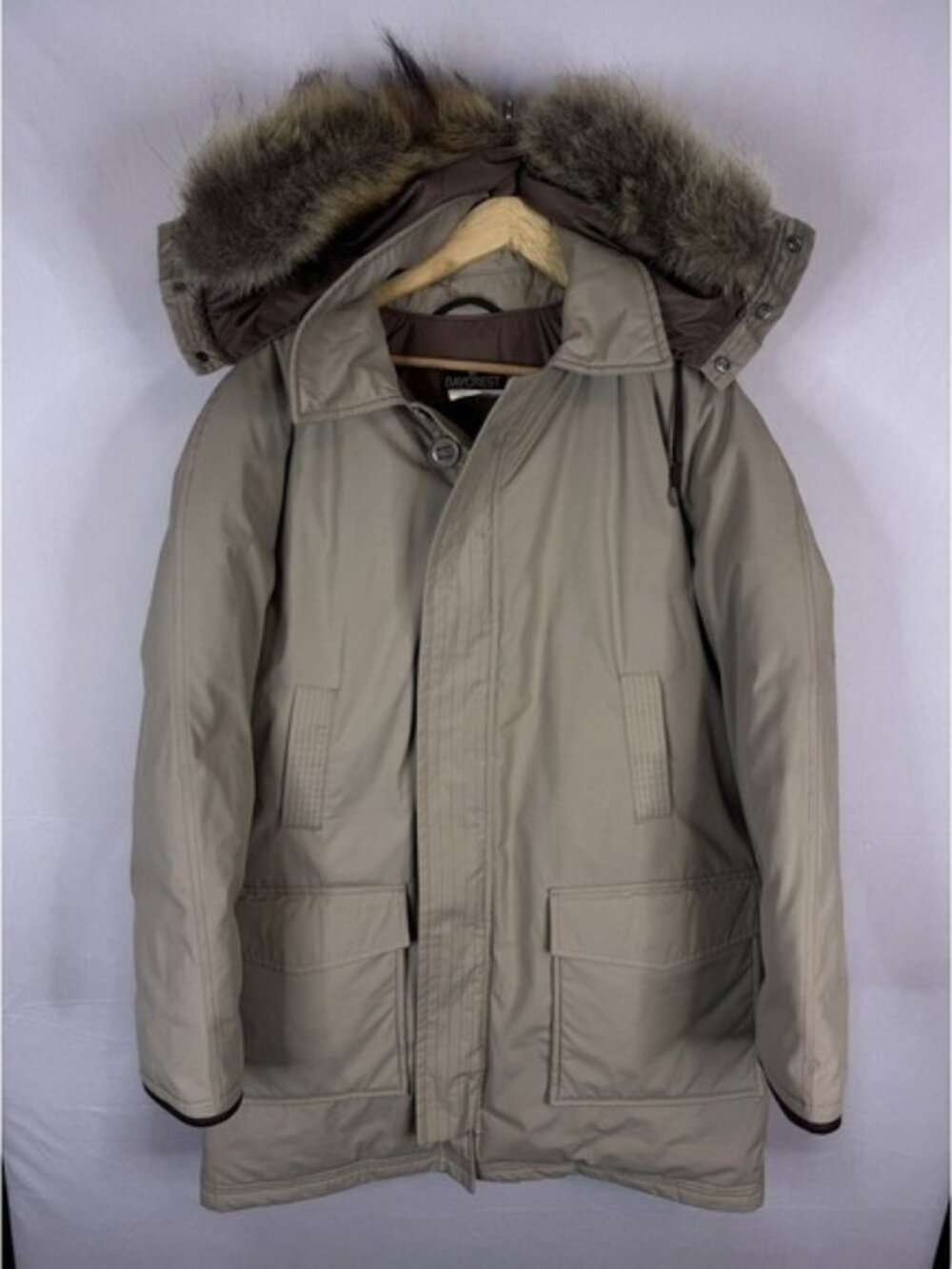 Vintage HBC Baycrest Tan Down Filled Hooded Parka Coat Fur Trim Mens Size 42